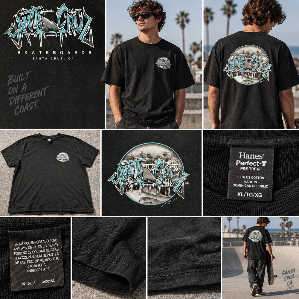 Santa Cruz Skateboards Men's XL Black Short Sleeve Graphic Logo Hanes T-Shirt